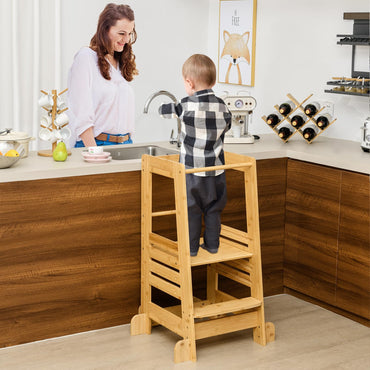 Bamboo Kids Step Stool with Height Adjustable Platform and Safety Rail