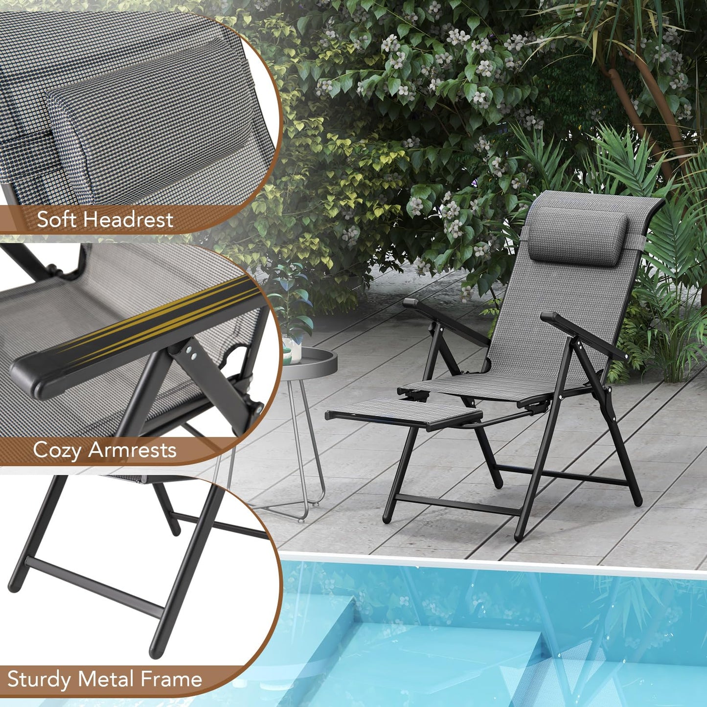 10-Position Adjustable Patio Chaise Lounge Chair Deck Sunbed with Armrests
