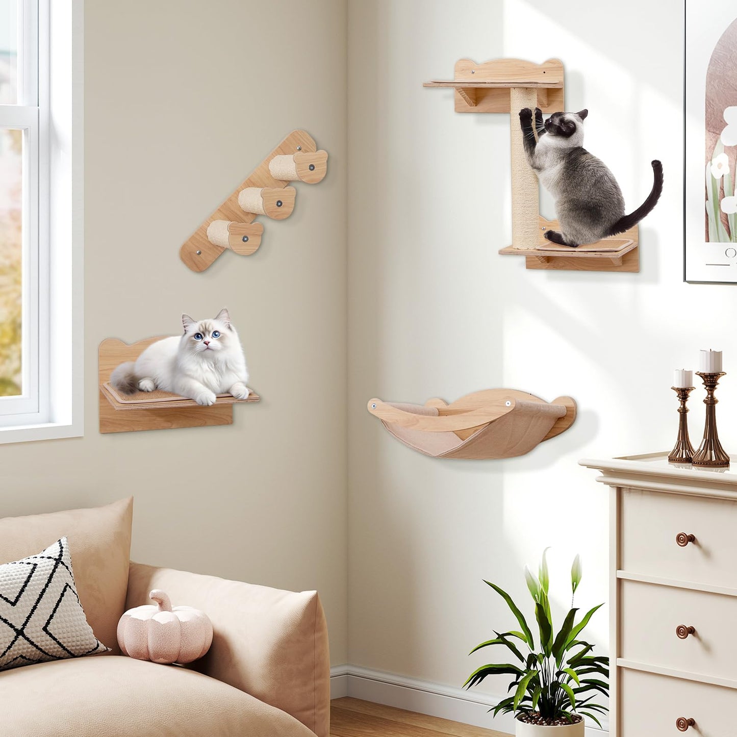 4pcs Wall Mounted Cat Tree with Hammock & Sisal Steps