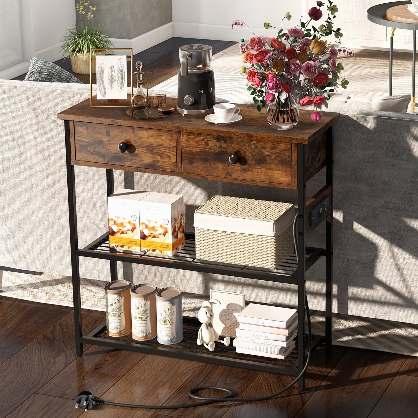 Entryway Narrow Console Table with Charging Station