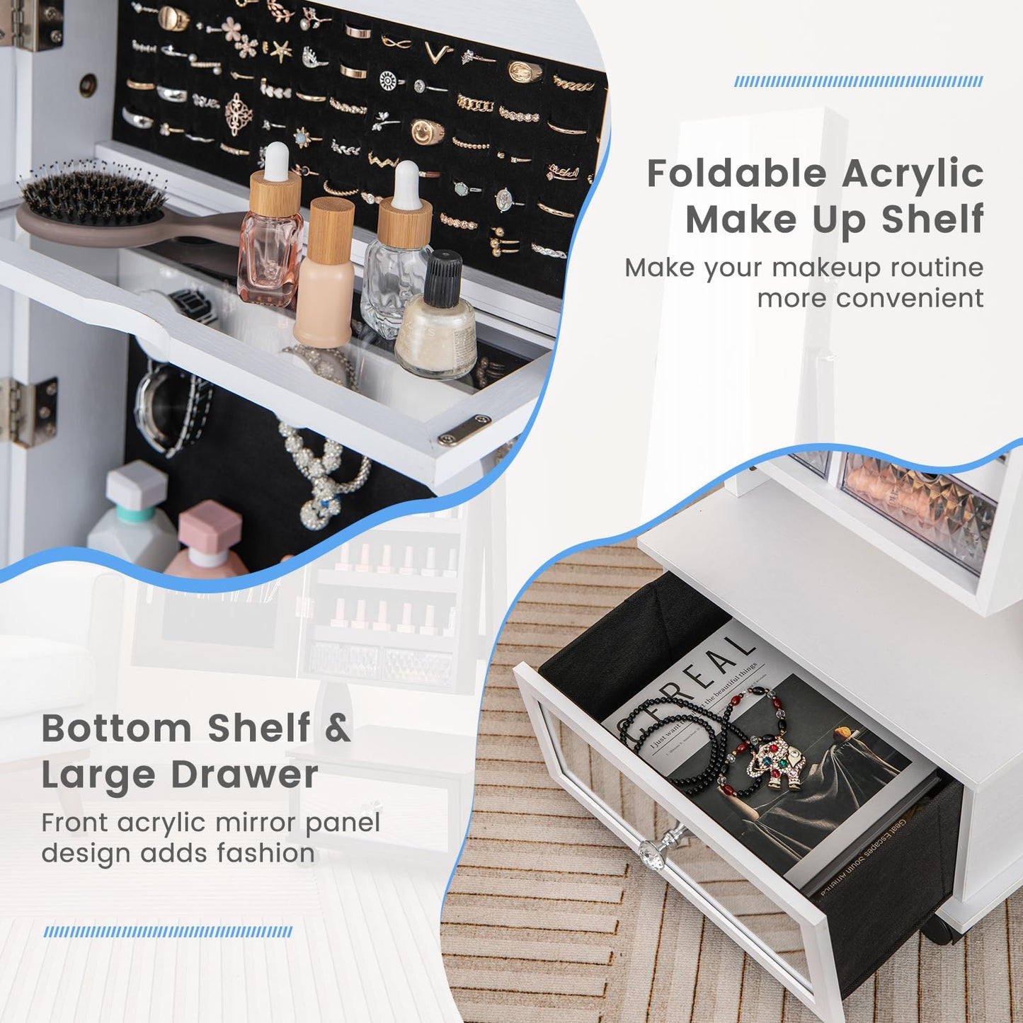 Standing Jewelry Armoire with Full-Length Mirror LED Lights and Drawers