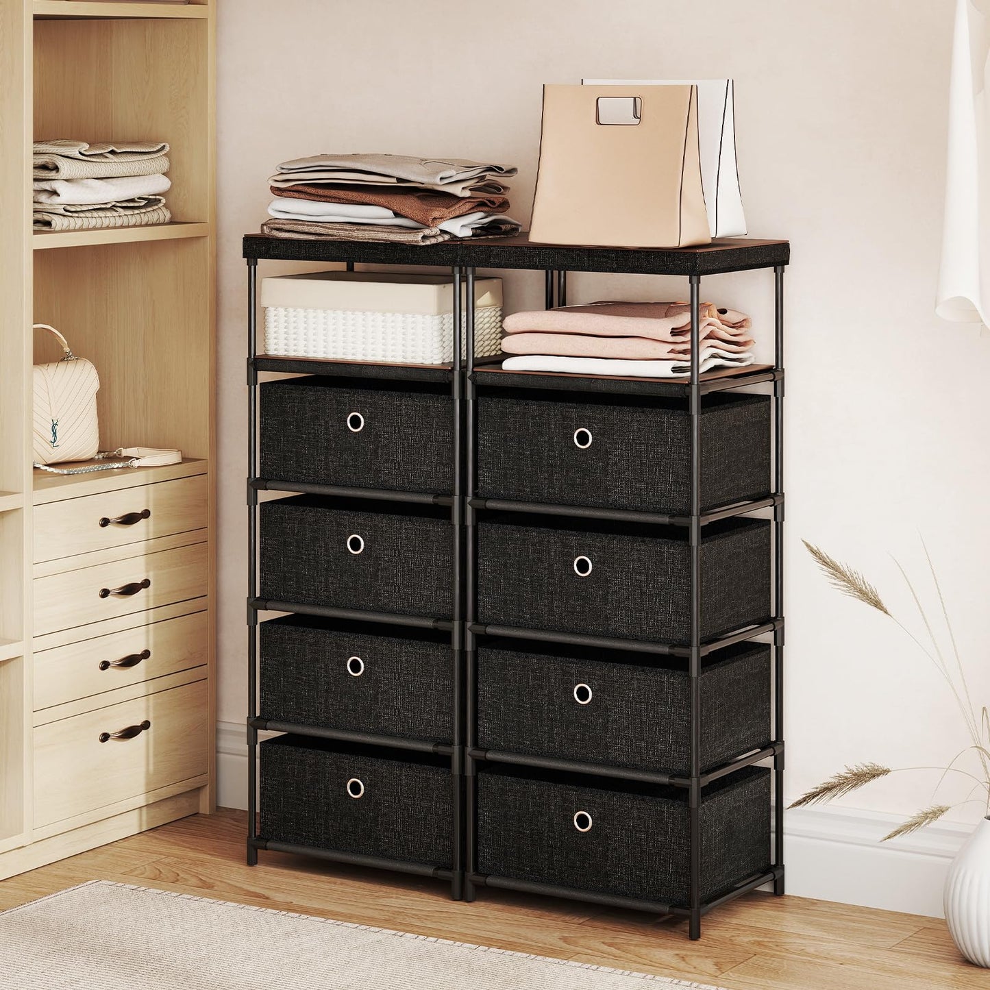4 Drawer Fabric Dresser Tower with Wood Top and Open Shelf