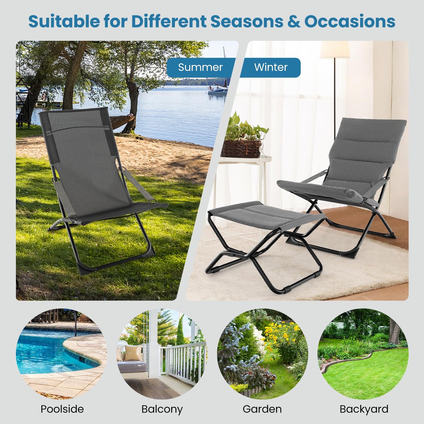 Outdoor Portable Lounge Chair with Footrest & Removable Cushion