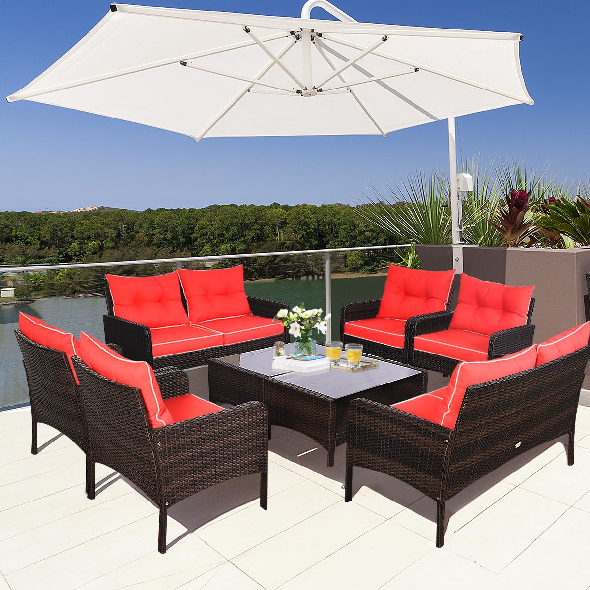 4-Piece Garden Rattan Conversation Furniture Set with Tempered Glass Table