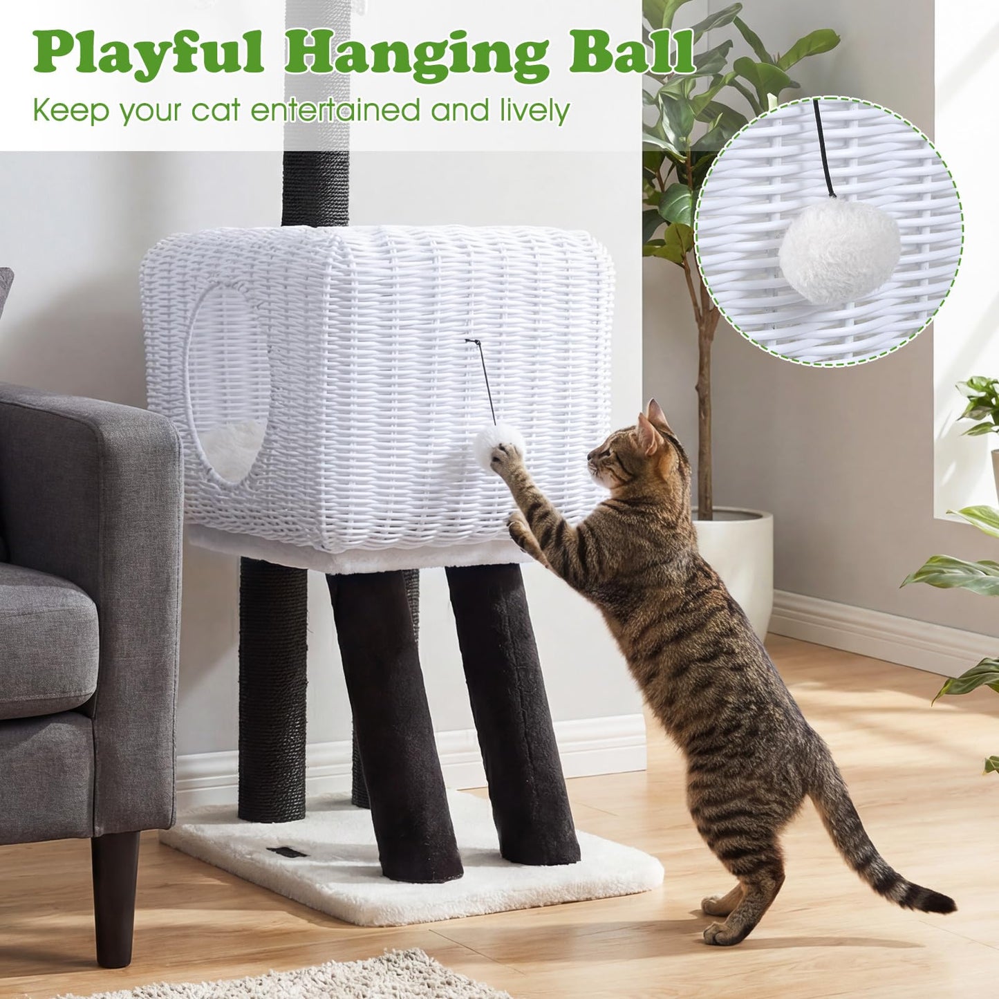 Cat Tree 110cm Lamb-Shaped Cat Tower with 2-Door Rattan Condo Sisal Scratching Posts