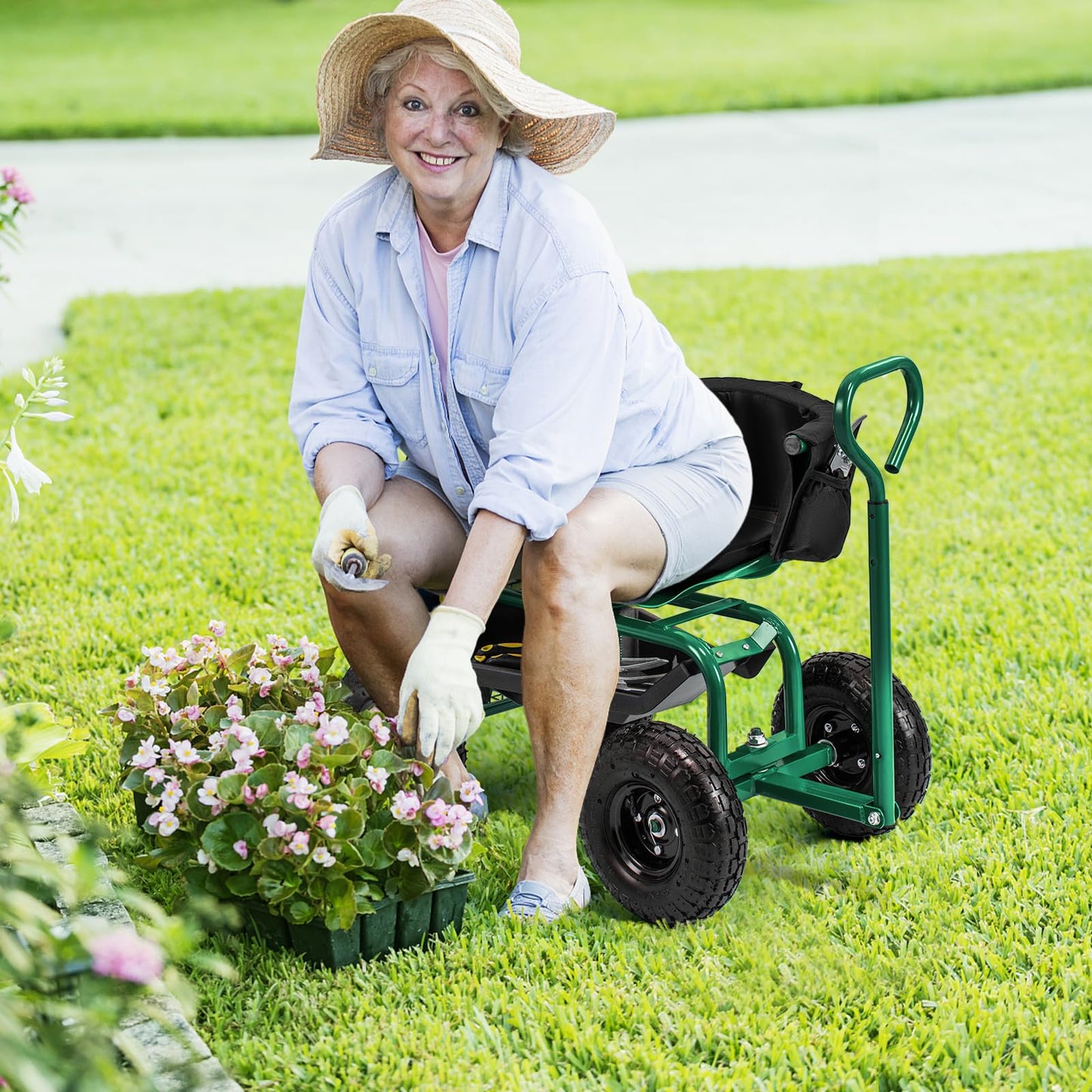 Outdoor Gardening Planting Station Trolley with Swivel Seat