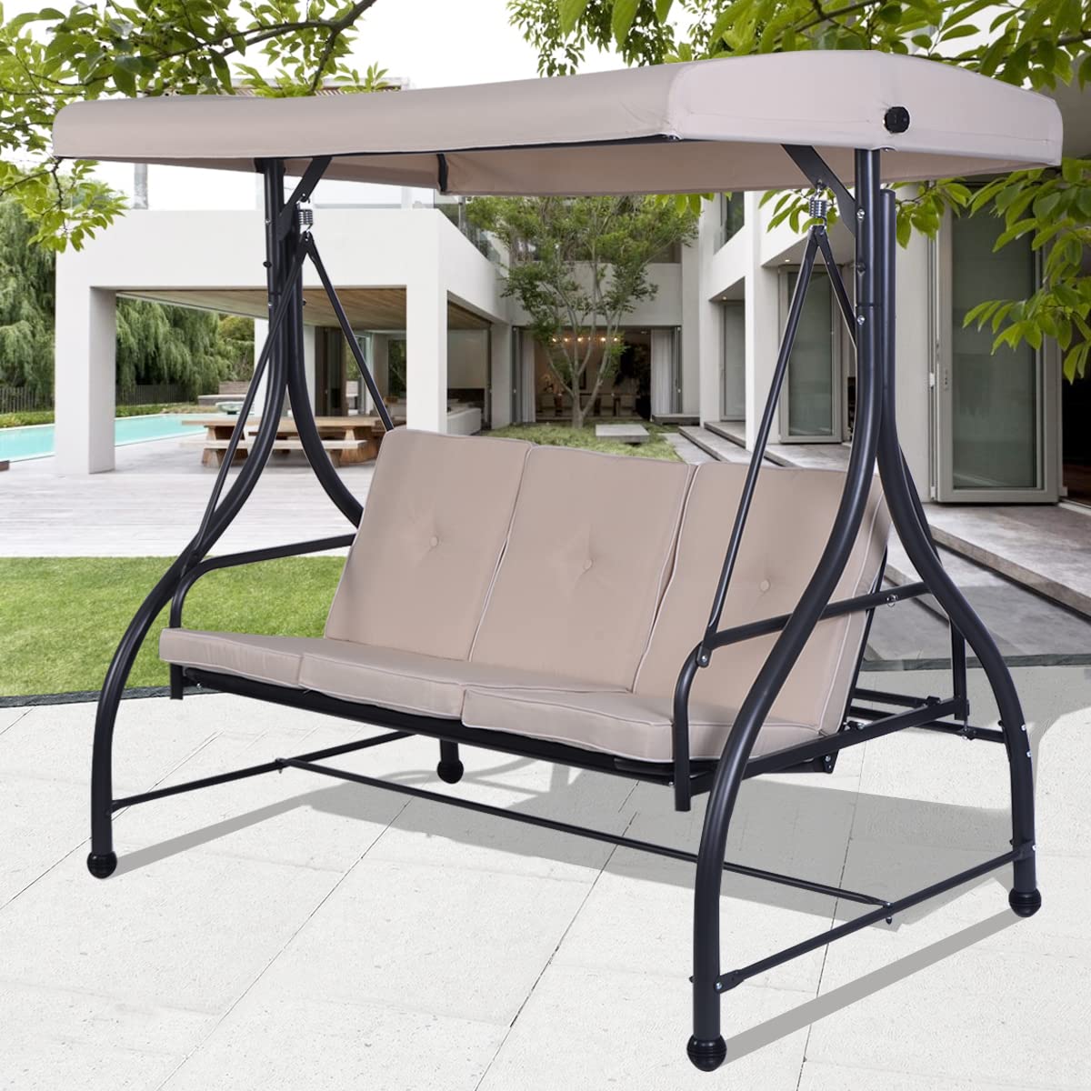 3 Seater Convertible Outdoor Hammock Bench Chair with Adjustable Canopy and Cushions