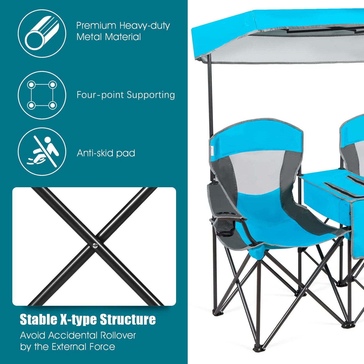 Outdoor Portable Double Folding Camping Chair with Canopy
