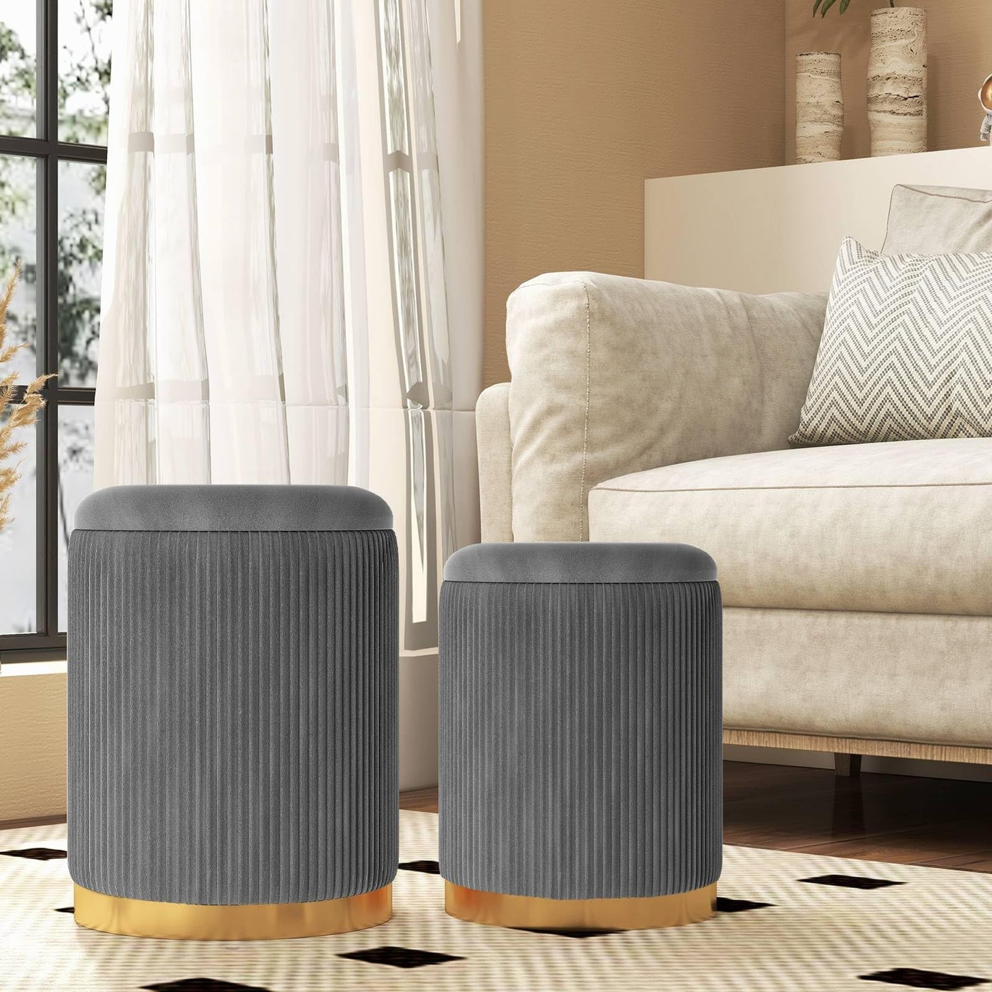 Velvet Storage Ottoman Set of 2 with Gold Stainless Steel Hoop