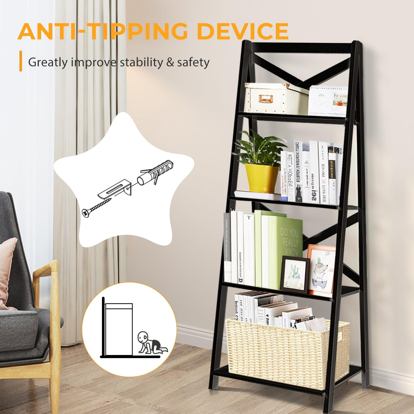 4 Tier Wooden Ladder Shelving Unit