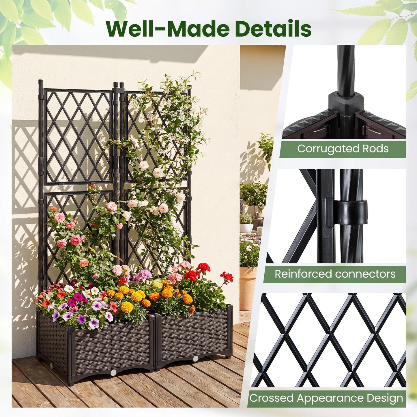 Garden Planter with Trellis, Weather-Resistant Trough Grow Box