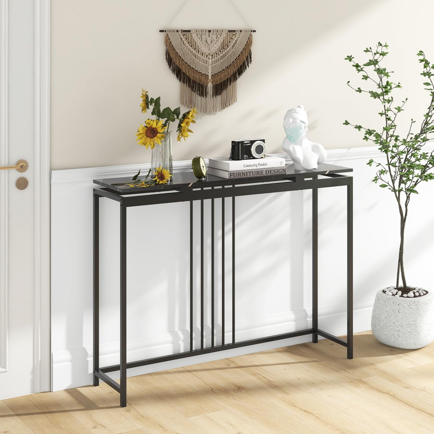Narrow Console Table 120cm Long Hallway Table with Metal Frame & Faux Marble Top