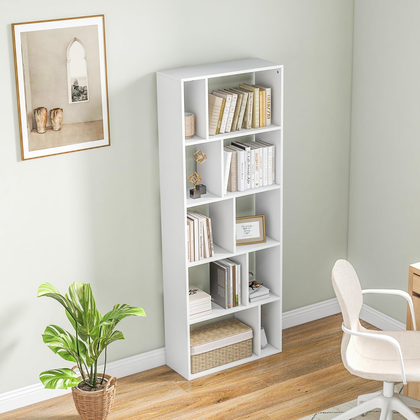 Wood Bookshelf with 10 Compartments Home Study Living Room