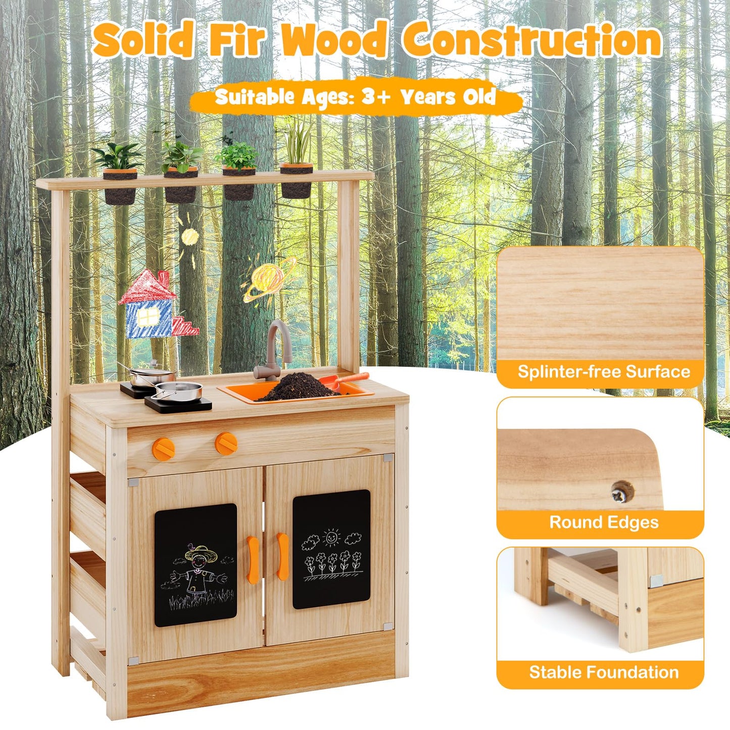 Fir Wood Play Kitchen with Planting Pots and Removable Sink for Backyard Garden
