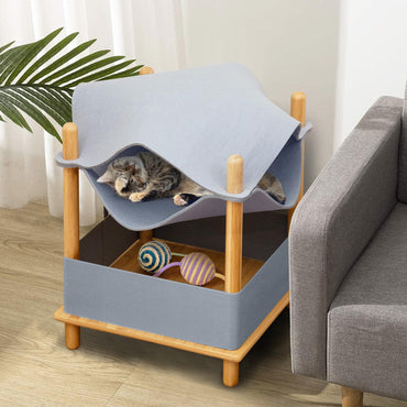Elevated Cat Bed 2-tier Bamboo Frame Cat House with Dual-Layer Felt Fabric Top