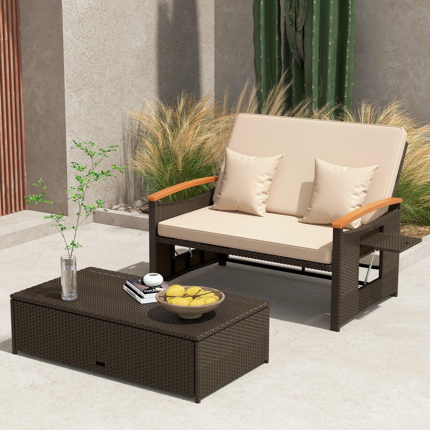 Patio Double Chaise Lounger Sun Bed with 4-Level Adjustable Back