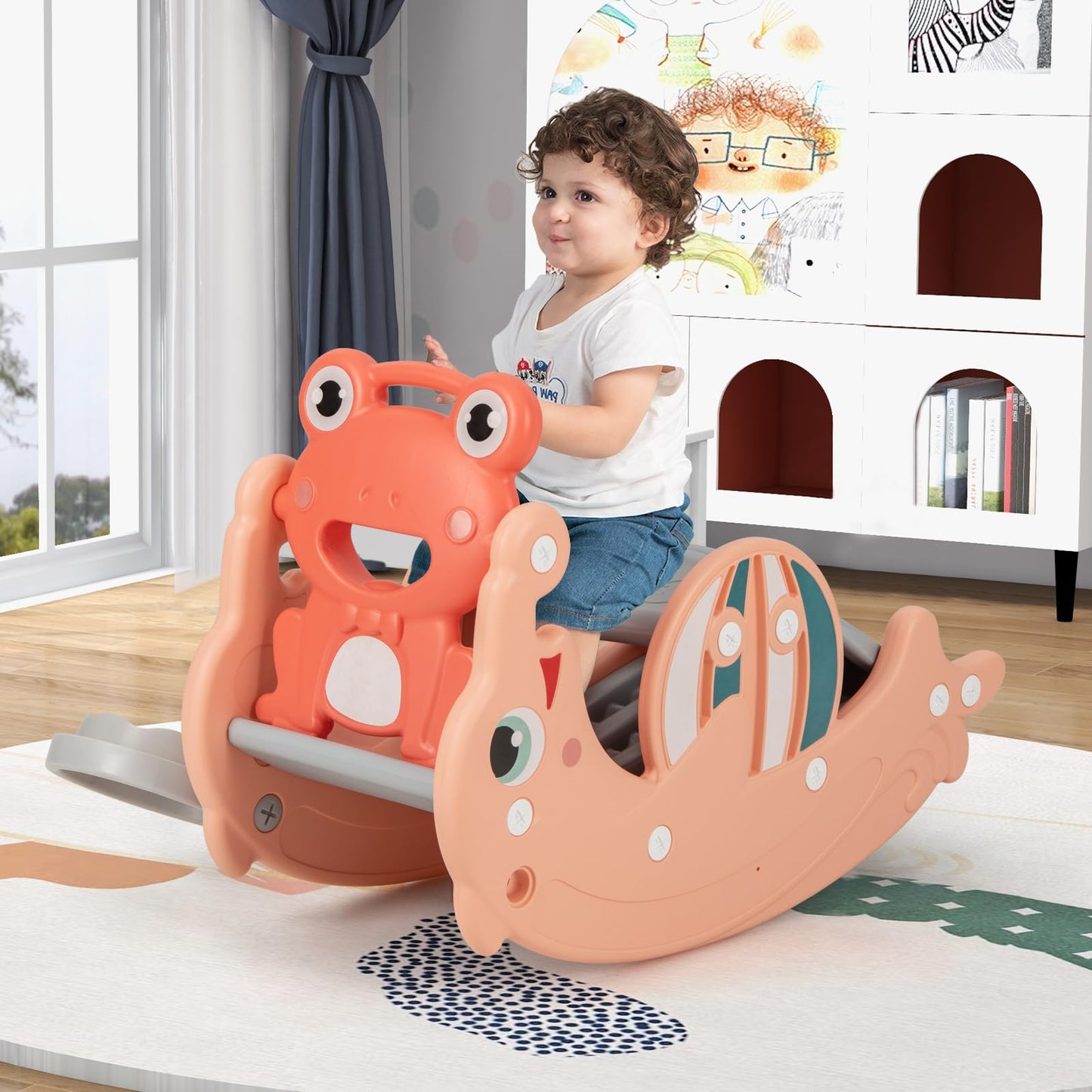 3-in-1 Kids Slide Rocking Horse Set Convertible with Basketball Hoop
