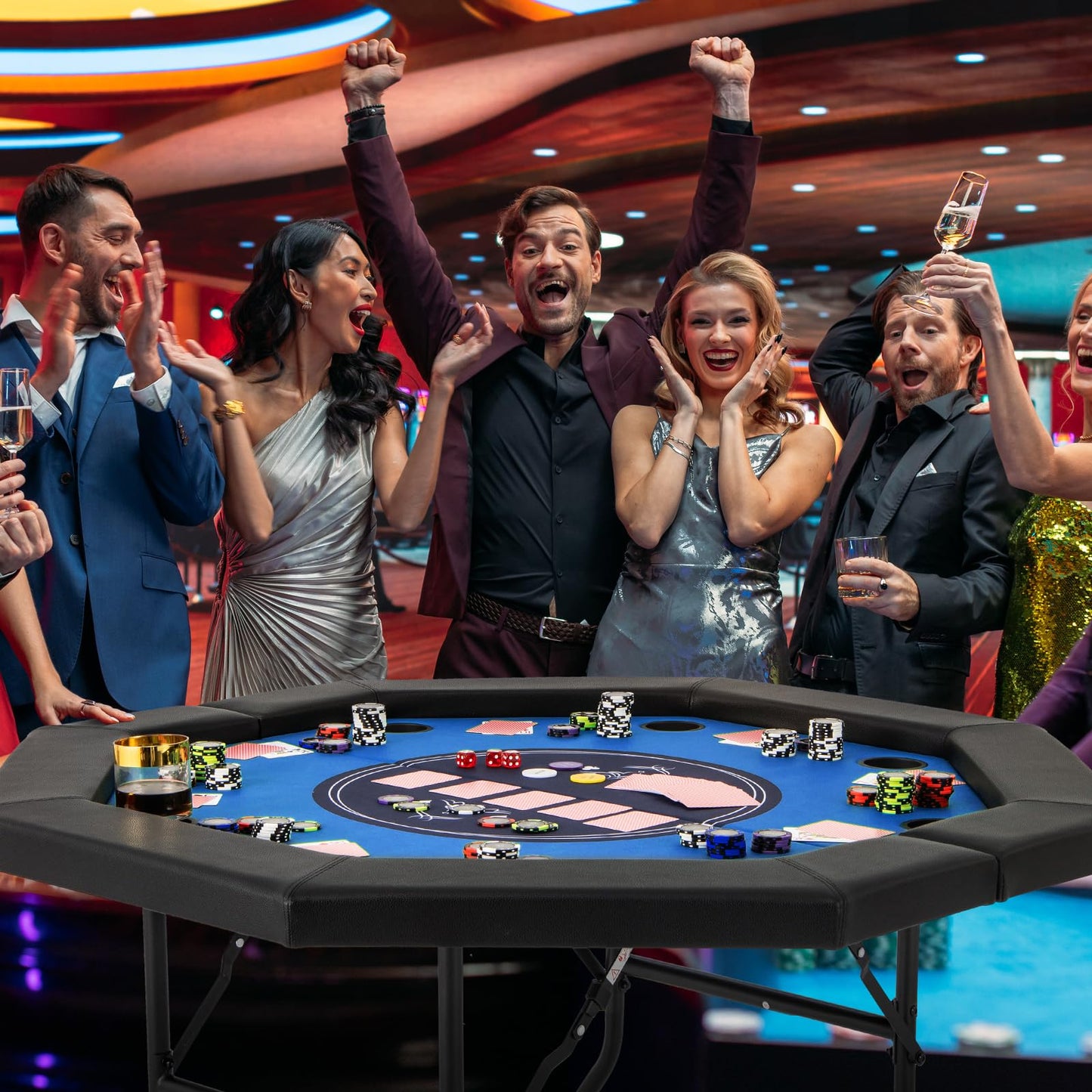 8 Player Foldable Poker Table with 8 Cup Holders