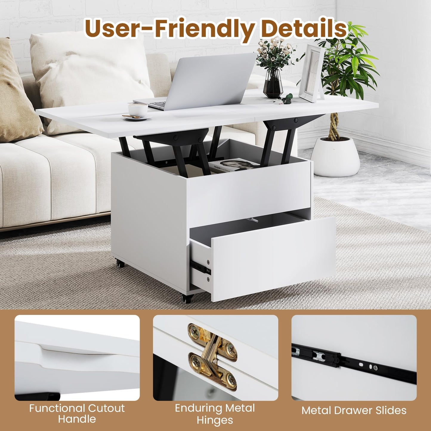 Lift Up Top Coffee Table, 3-in-1 Convertible Wooden Cocktail Center Table
