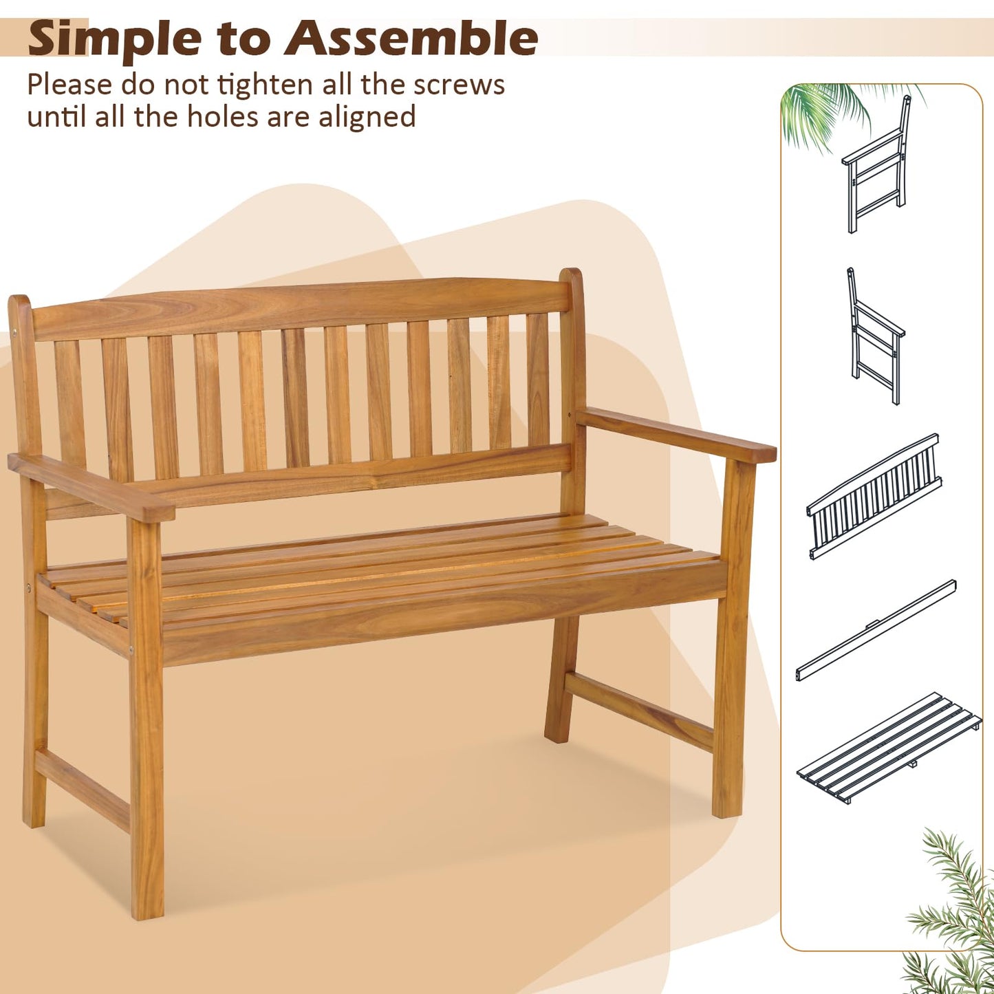 2-Person All-Weather Acacia Wood Patio Loveseat Park Bench Chair