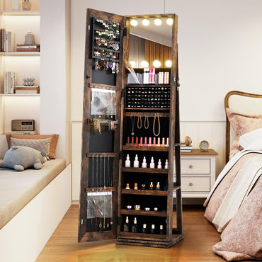 360° Swivel Jewelry Cabinet Freestanding Jewelry Storage Organizer with Lighted Full Length Mirror