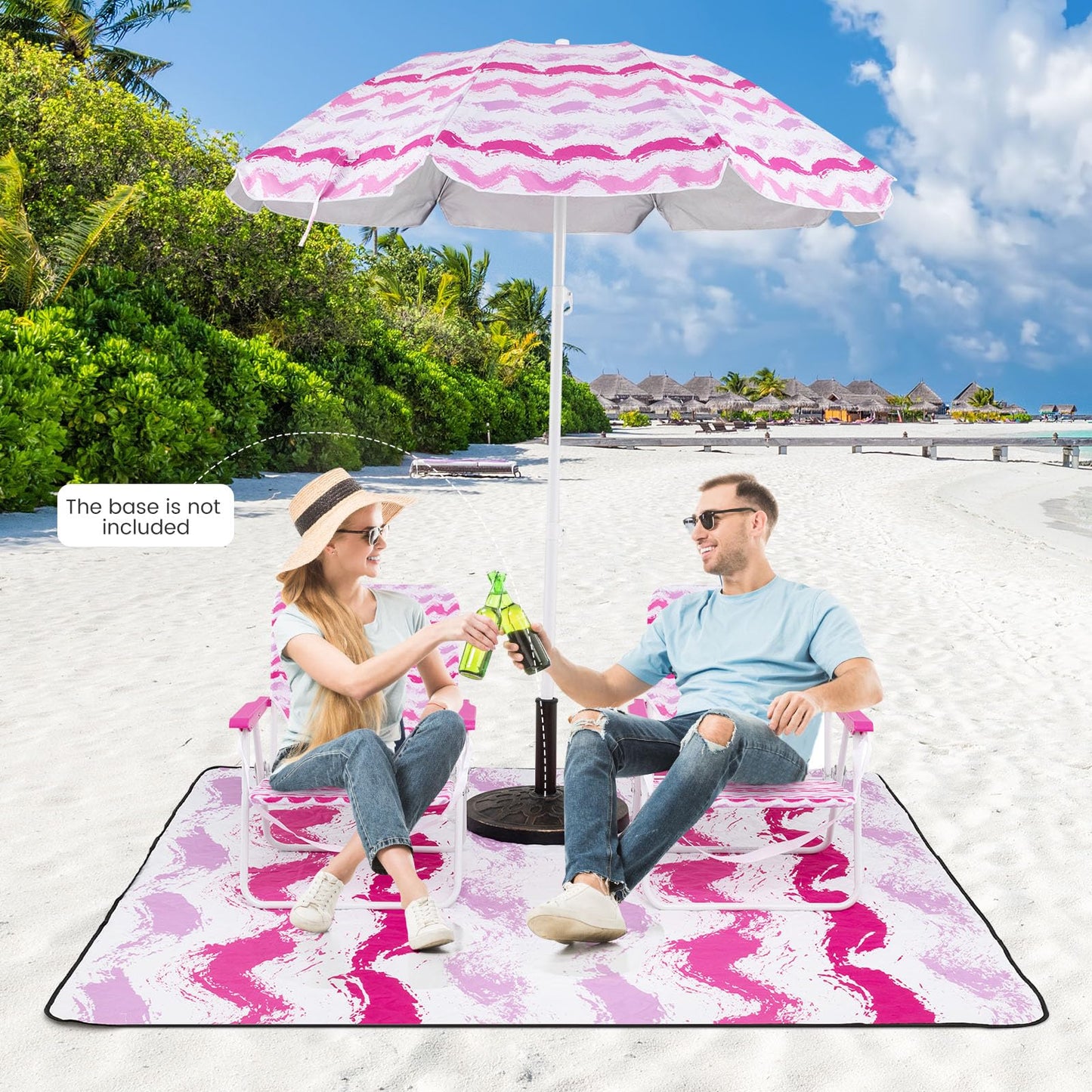 4 Pieces Beach Umbrella Set with 2 Foldable Chairs and Picnic Blanket