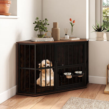 Corner Dog Crate Space Saving Dog Cage with Adjustable Feeder