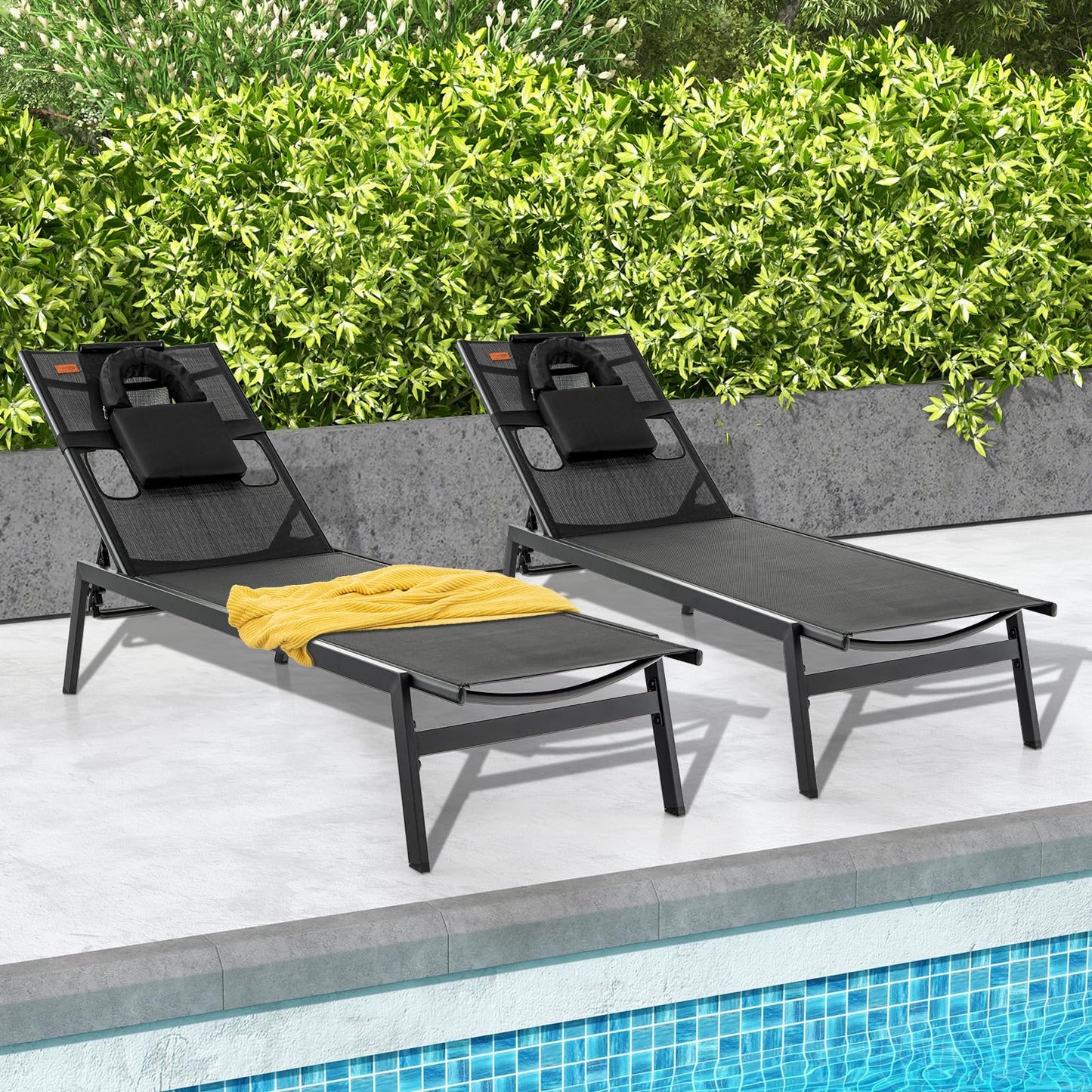 5 Positions Adjustable Chaise Lounge Deck Sunbed with Detachable Head Pillows
