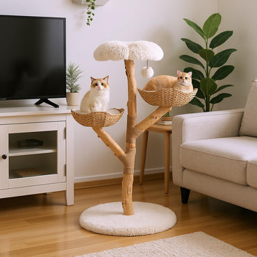 122 CM Tall Real Wood Branch Kitten Tower with Flower Perch and 2 Wicker Baskets