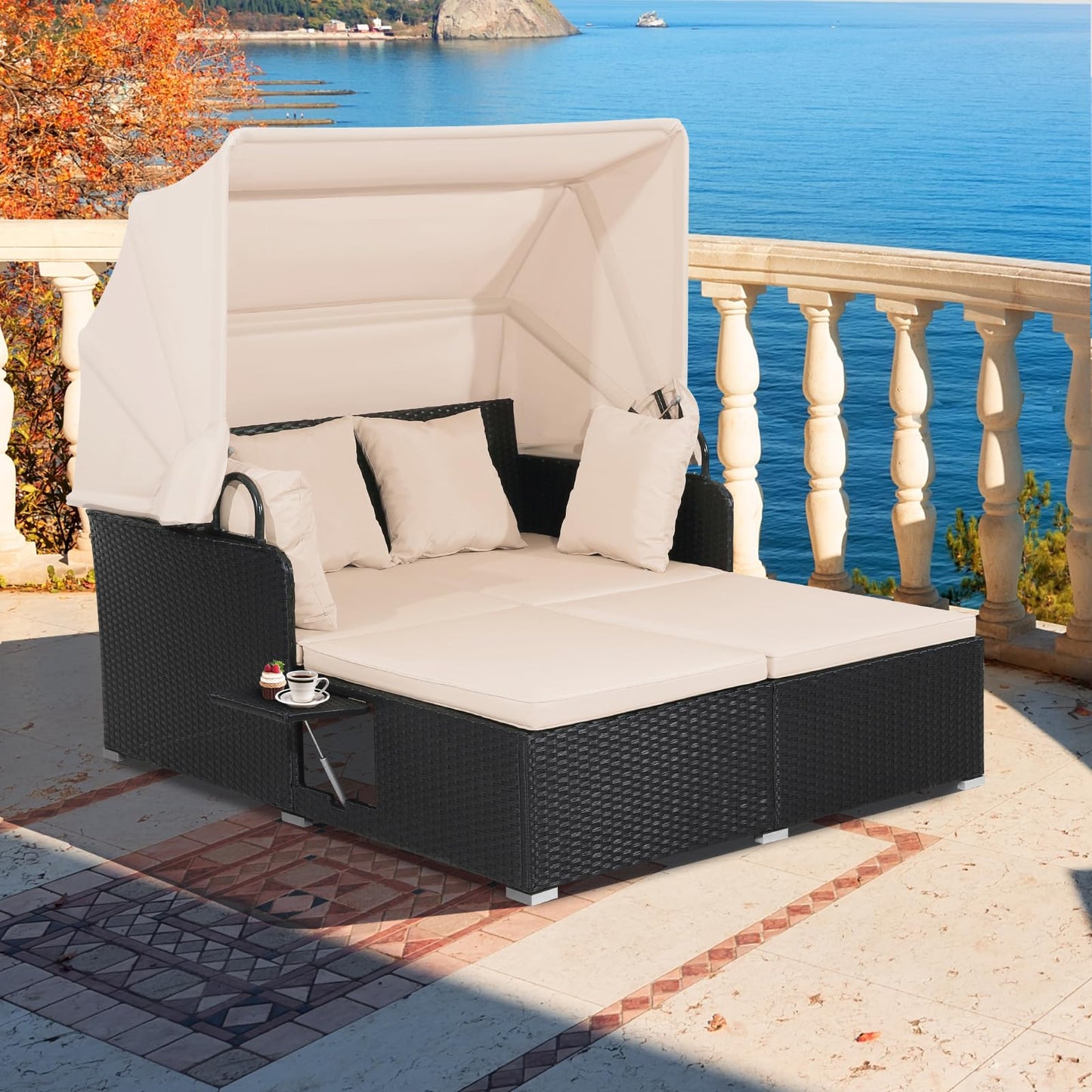 Garden Rattan Daybed with Retractable Canopy and Cushions
