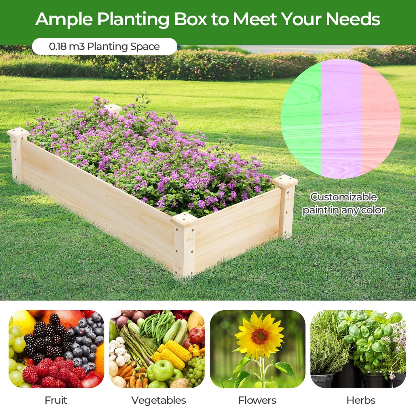 Rectangular Wooden Elevated Planter Box with Open Bottom