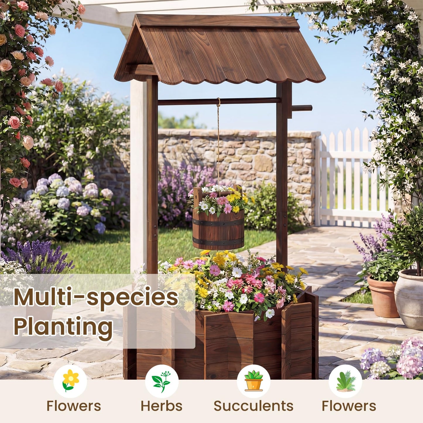 GiantexUK Wooden Wishing Well Planter, Garden Decoration Flower Pot with Hanging Bucket