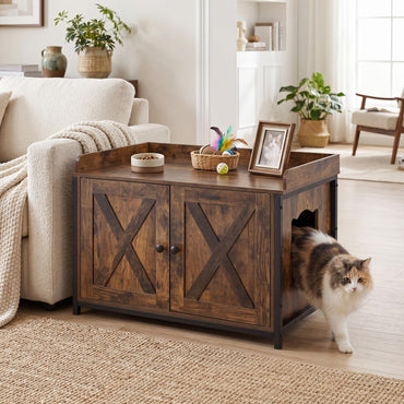 Cat Litter Box Enclosure with 2 Barn Doors Metal Legs and Side Entrance