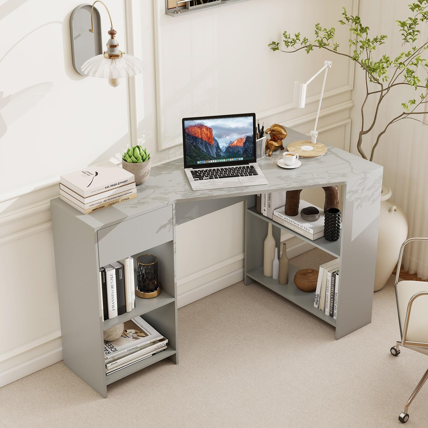 L-Shaped Computer Desk with Storage and Open Shelves for Living Room Bedroom