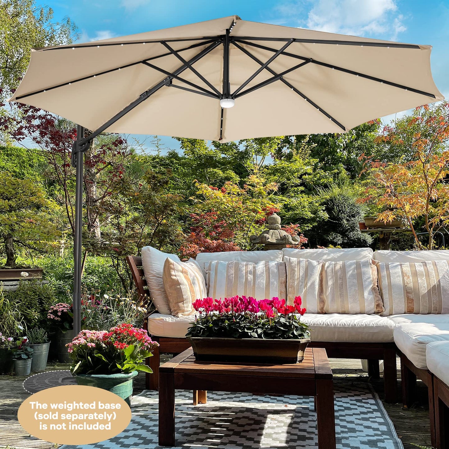 3m Garden Parasol with with Solar-Powered LED & Winding Crank