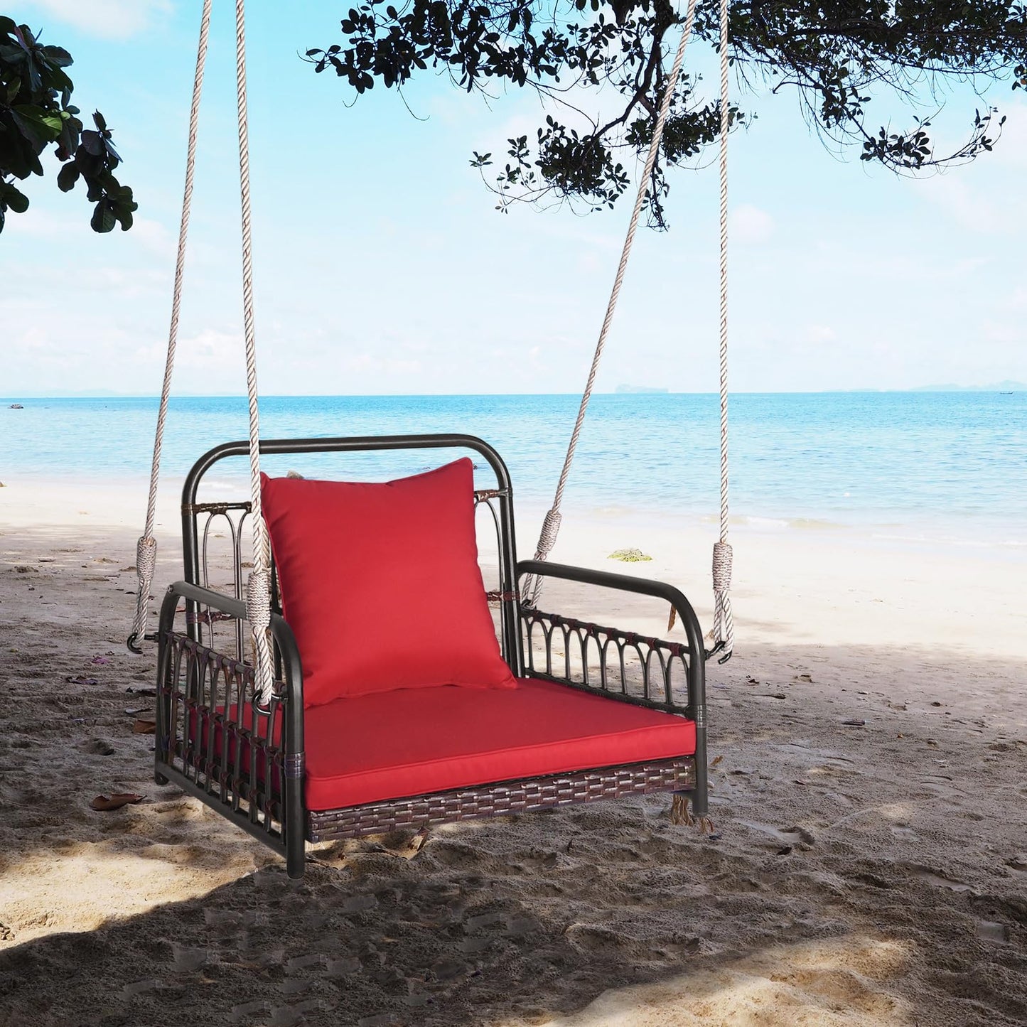 1 Person Rattan Woven Hammock Chair with Back and Seat Cushion
