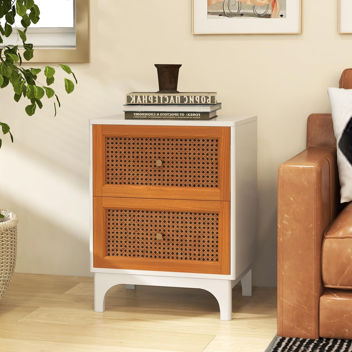 Boho Accent Table with 2 Handwoven Rattan Decorated Drawers