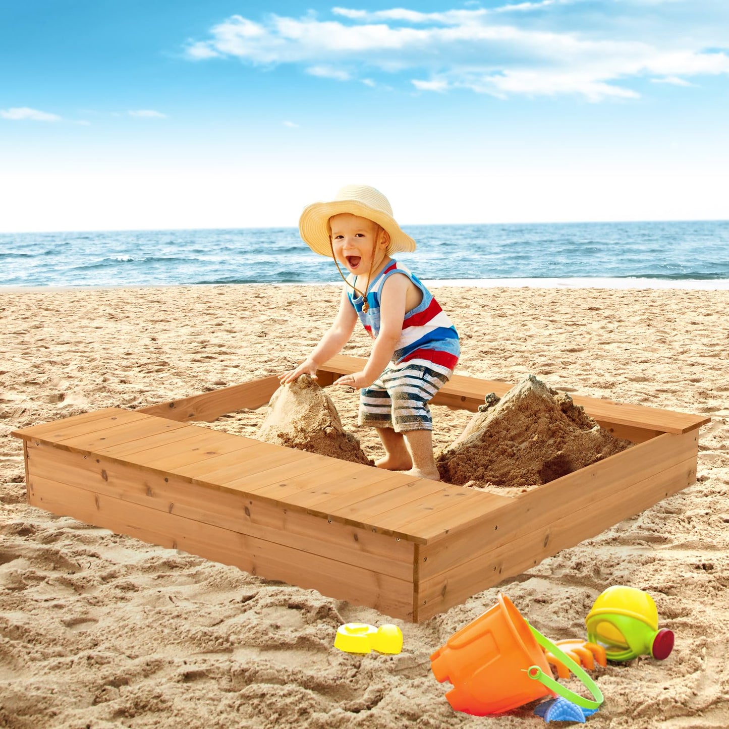 125 x 122cm Wooden Square Sandpit with 2 Removable Boxes
