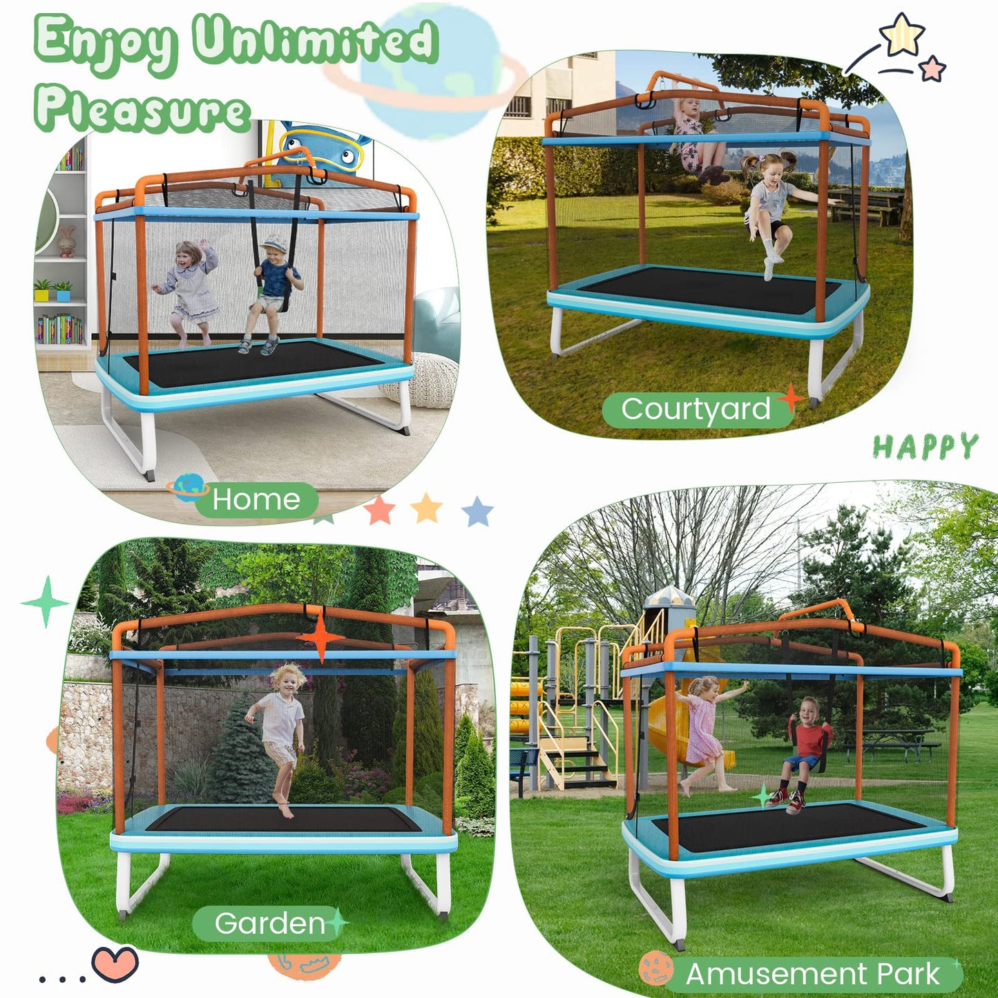 3-in-1 Rectangle Trampoline with Enclosure Net