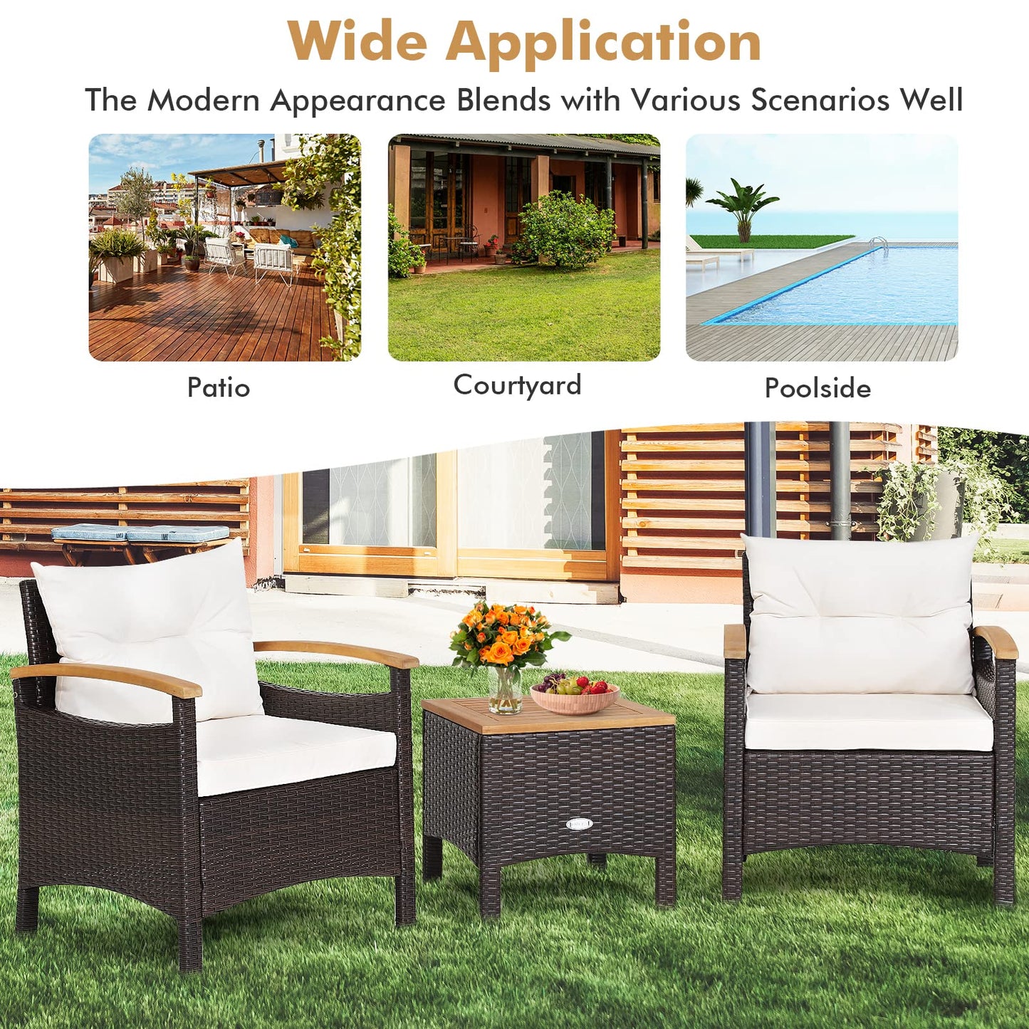 3-Piece Patio Sofa Set Garden Table and Chairs with Cushions