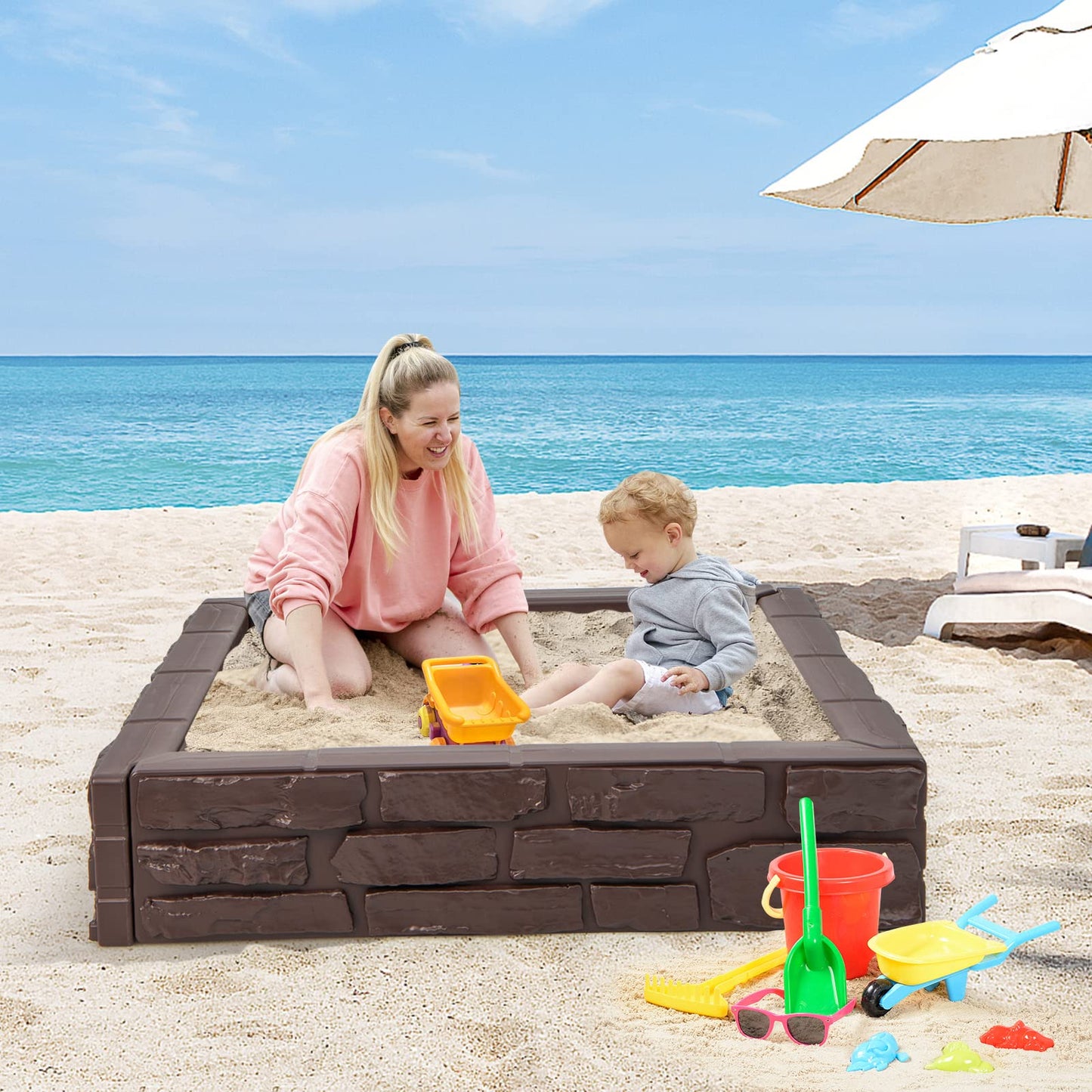 120 x 120cm Kids Sandbox with Cover and Bottom Liner