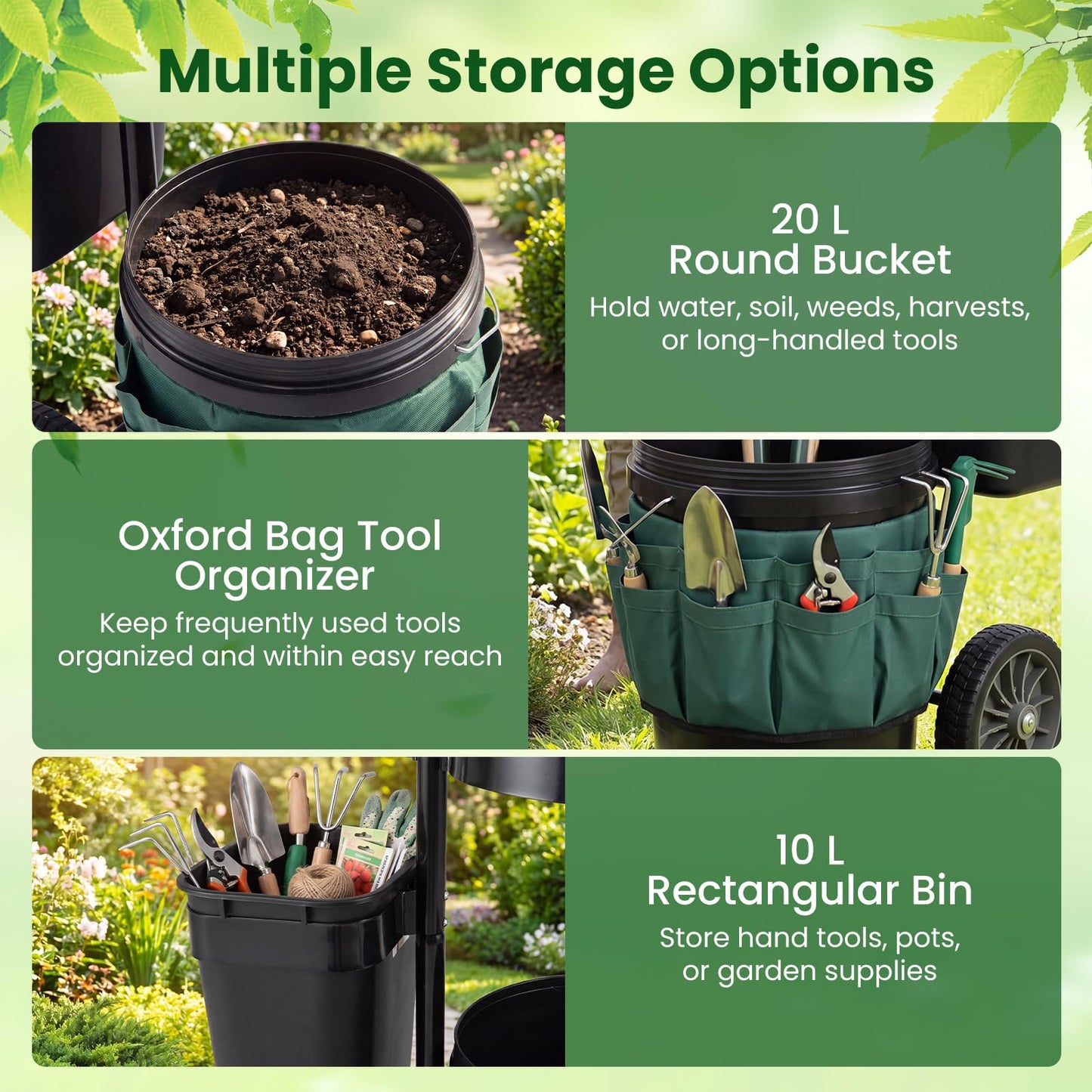 Heavy Duty Rolling Garden Cart with Wheels and Round Bucket