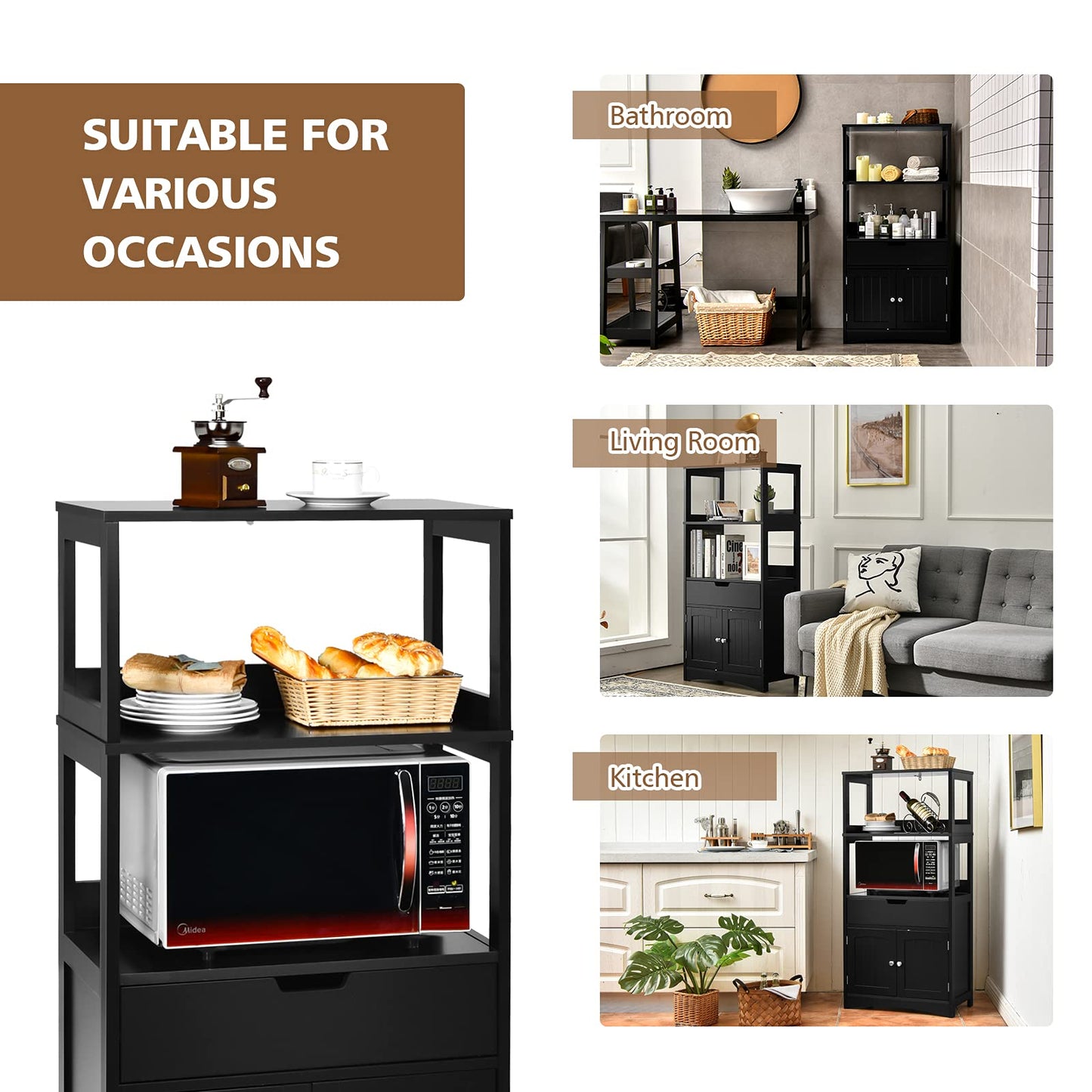 Wooden Freestanding Tall Cupboard with Open Shelves