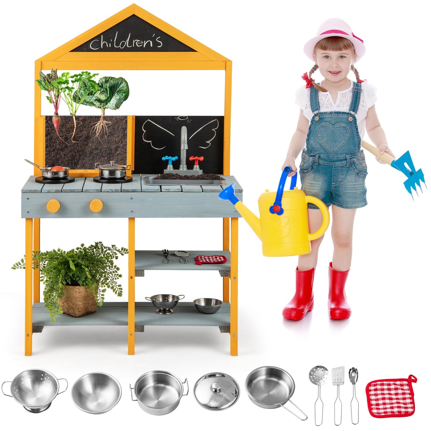 Kids Mud Kitchen Outdoor Kitchen Playset with Educational Plant Viewer