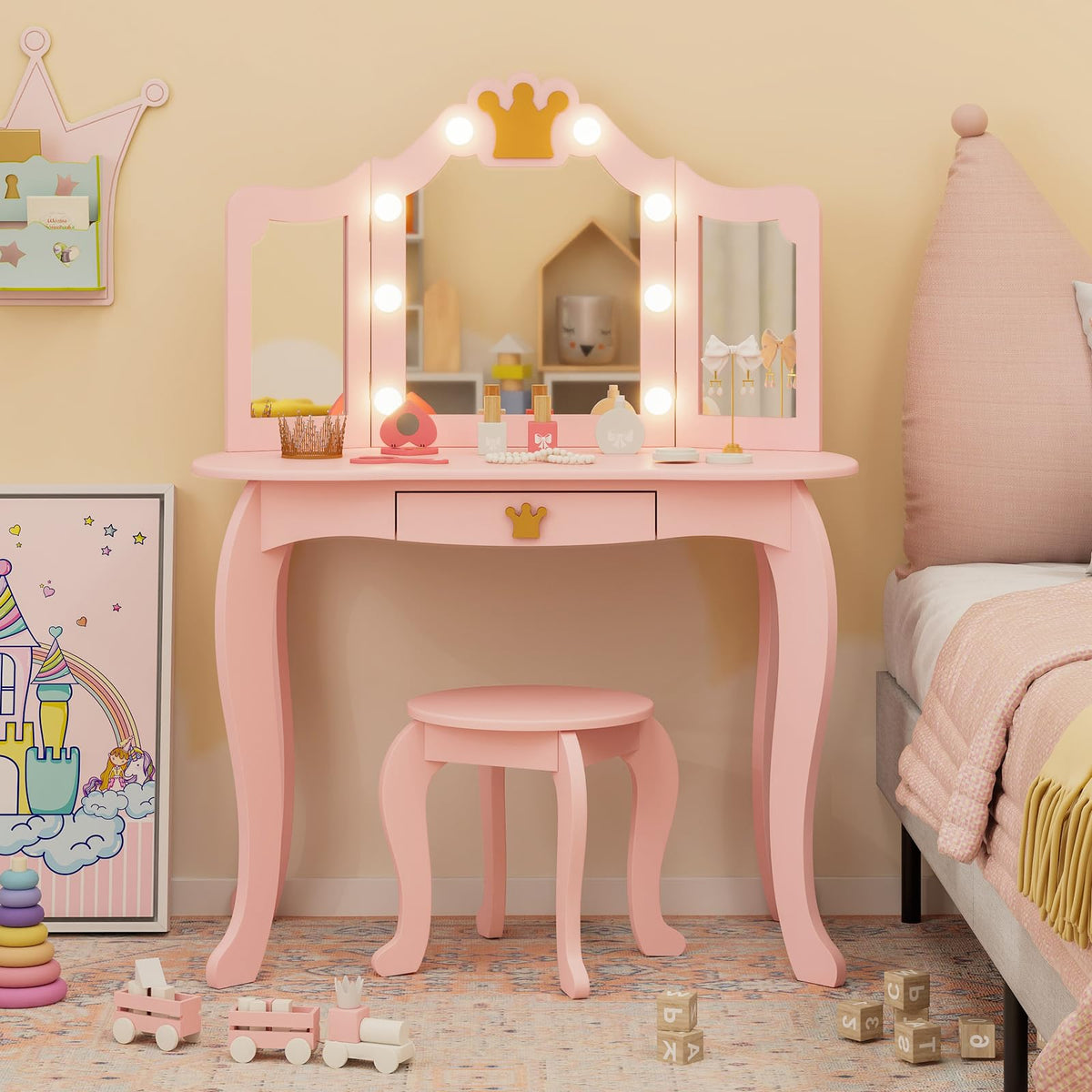 Kids Vanity Set with Lighted Mirror and Adjustable Brightness Pull-out Drawer and Stool