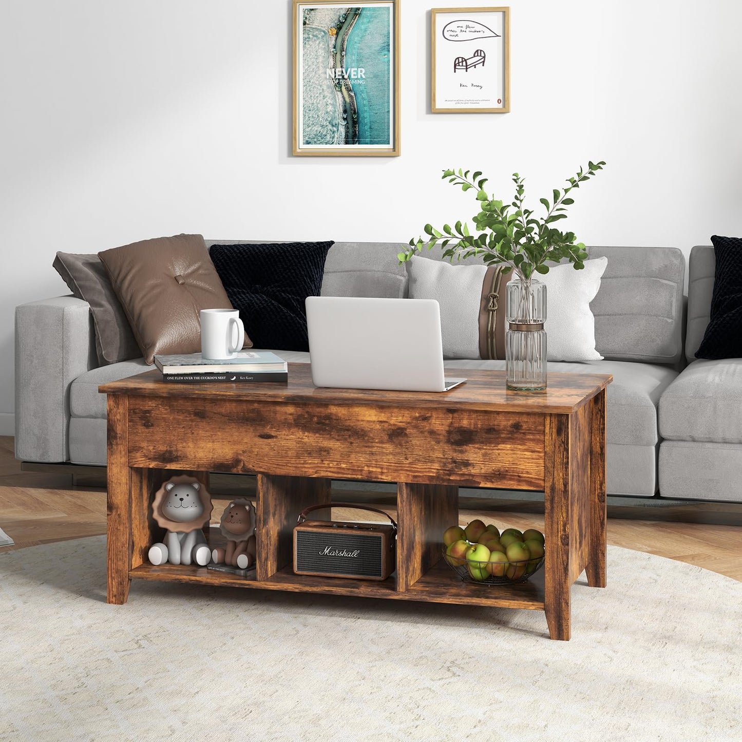 Rising Center Table with Lift Top Hidden Compartment
