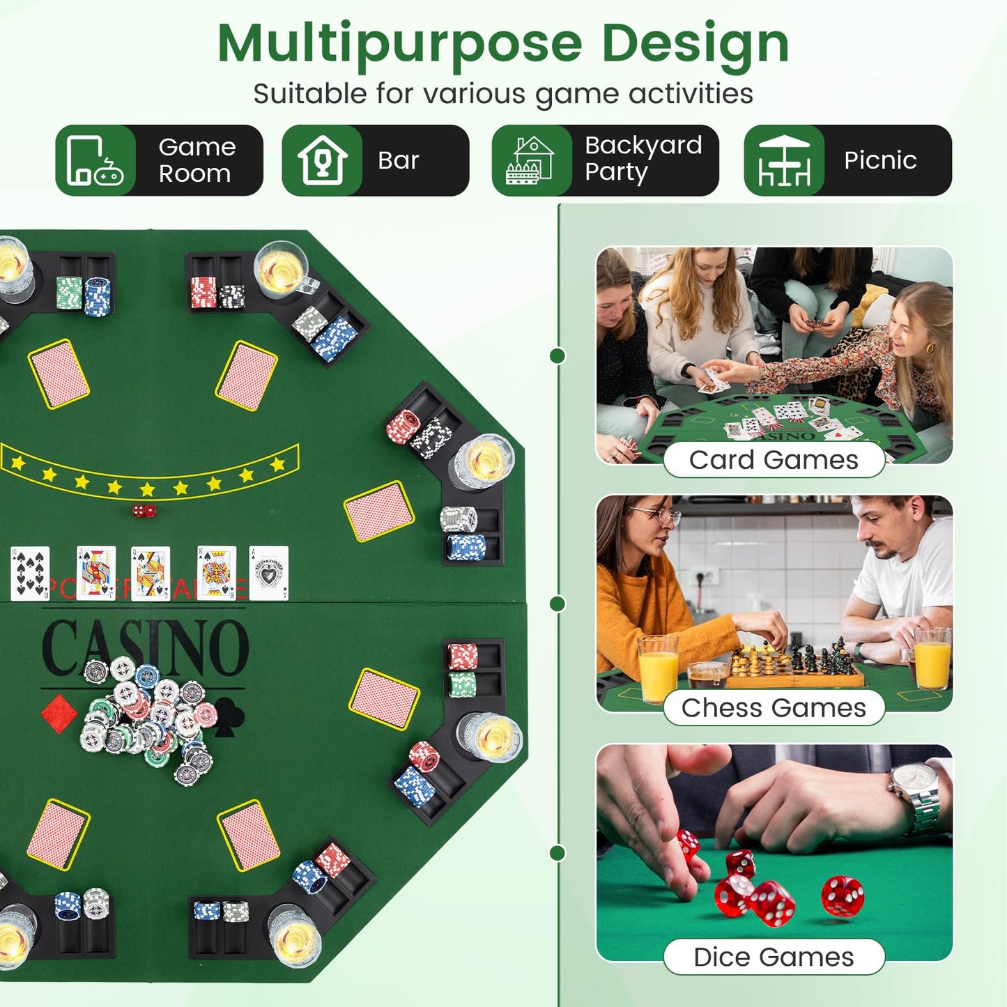 8 Player Foldable Texas Holdem Poker Table Topper with Carrying Bag