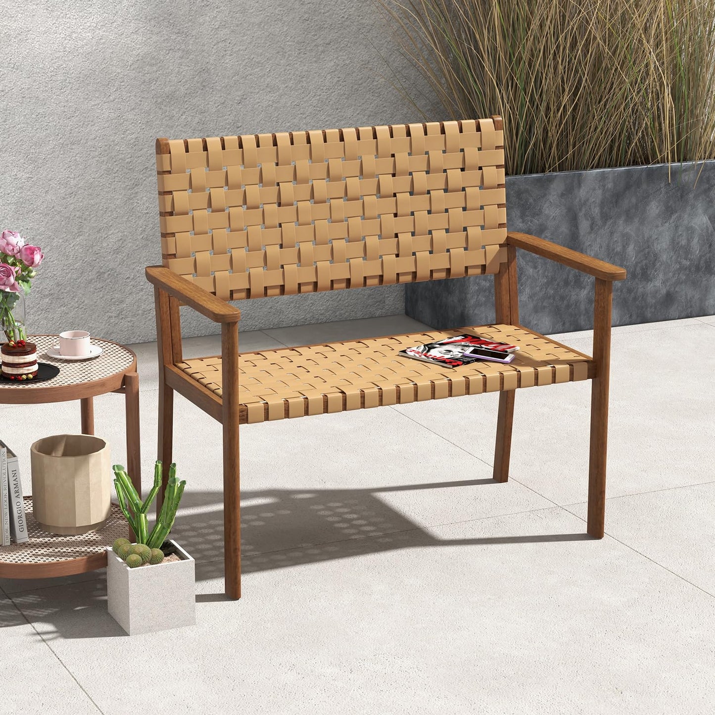 Outdoor All Weather Bench with Solid Rubber Wood Frame and Hand Woven PU Leather
