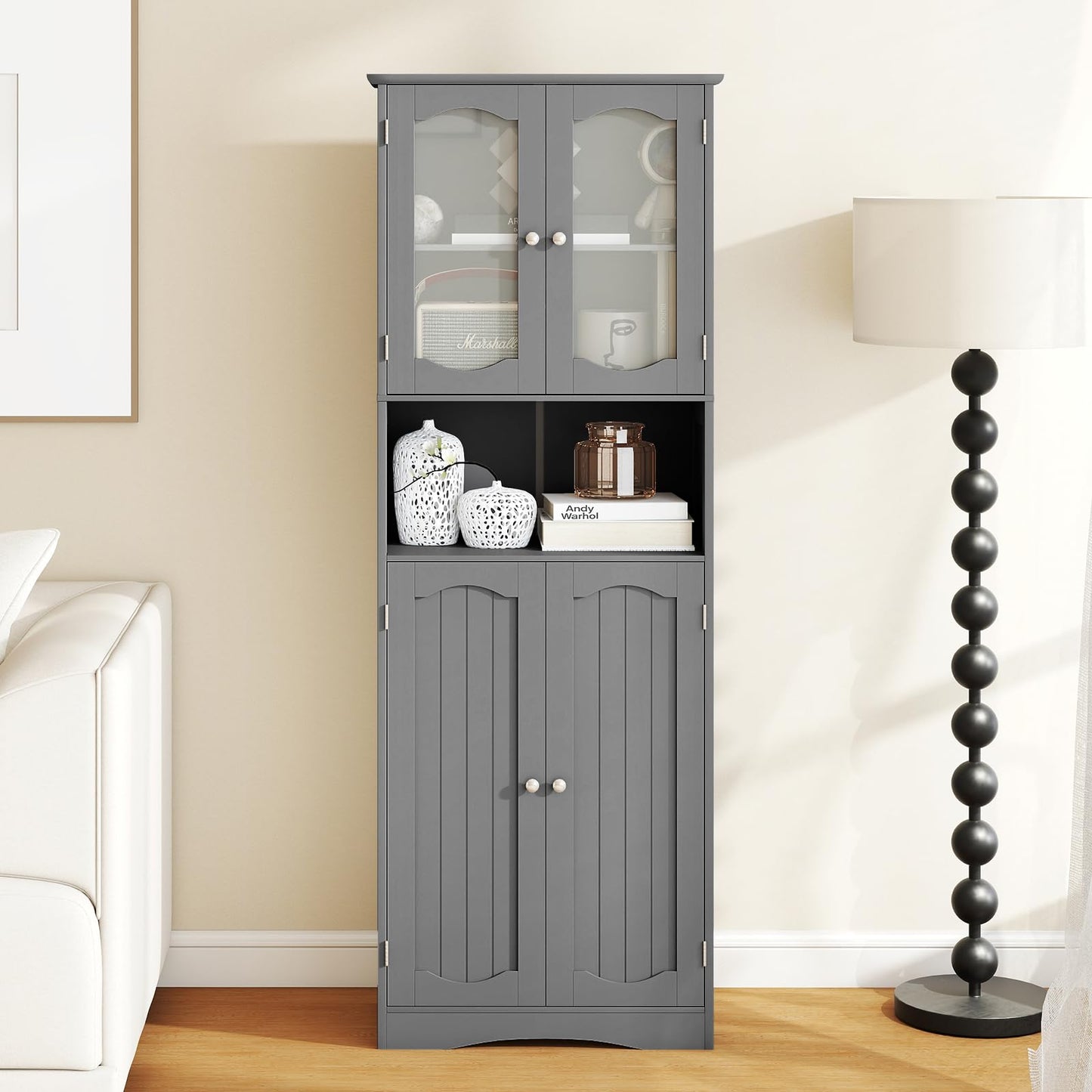 Tempered Glass Door Pantry Cabinet with 3-Position Adjustable Shelves