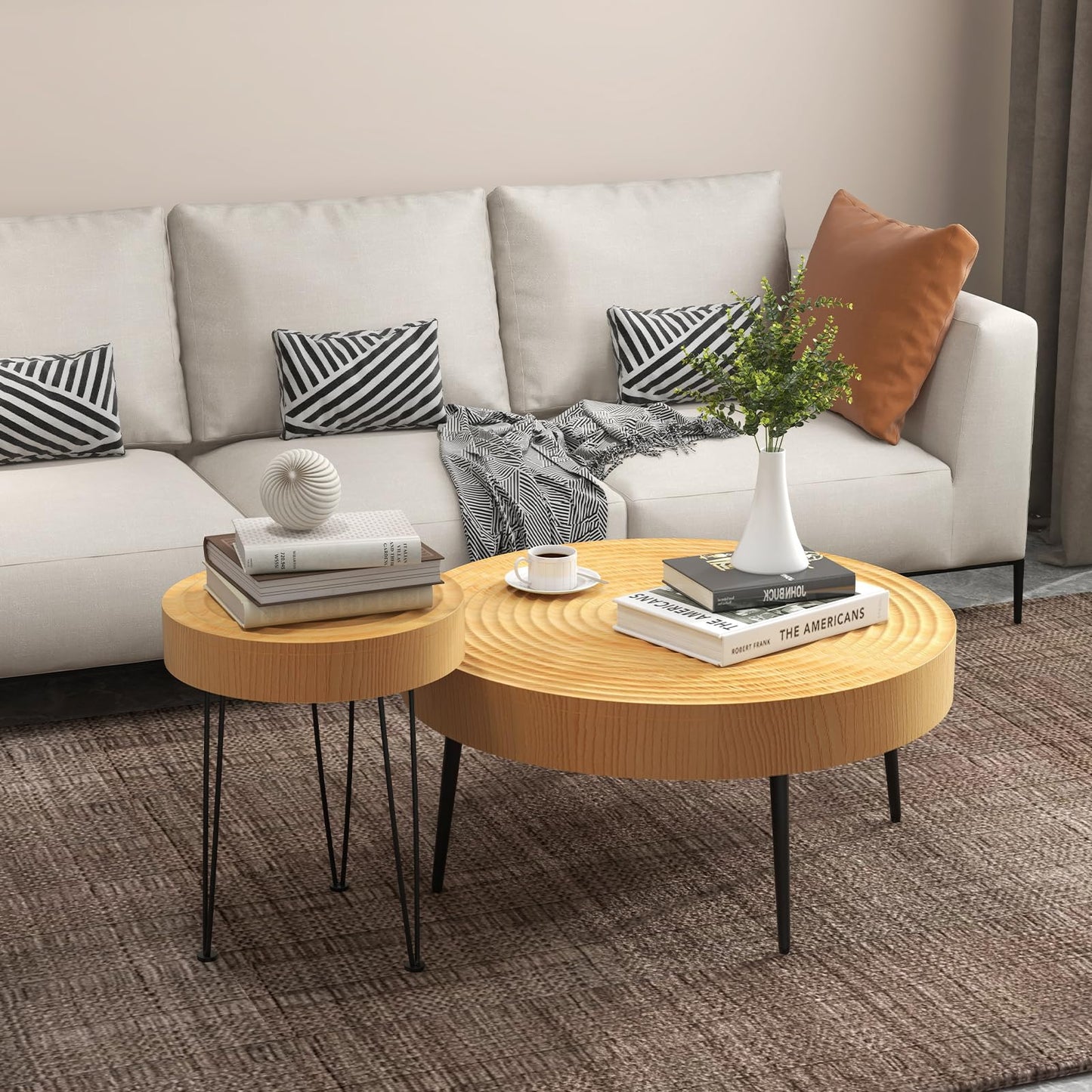 Solid Wood Center Nesting Tables Set of 2 with Water-ripple Tabletop